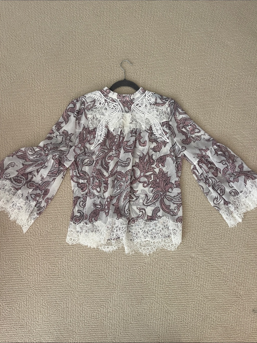 LOFT White Lace Paisley Blouse with Mauve Accents